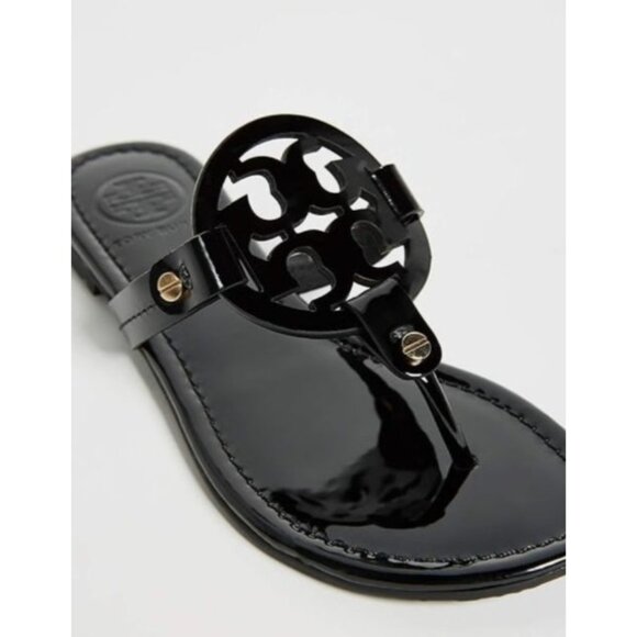 Tory Burch Miller Sandals Black Patent Leather Logo Thong Flip Flops Women Sze 9 - Picture 5 of 14